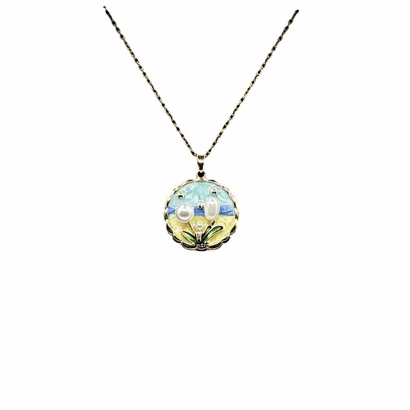 Pastel Enamel Flower Pendant w/ Faux Pearl Accents on Stainless Gold Tone Chain - Picture 6 of 12